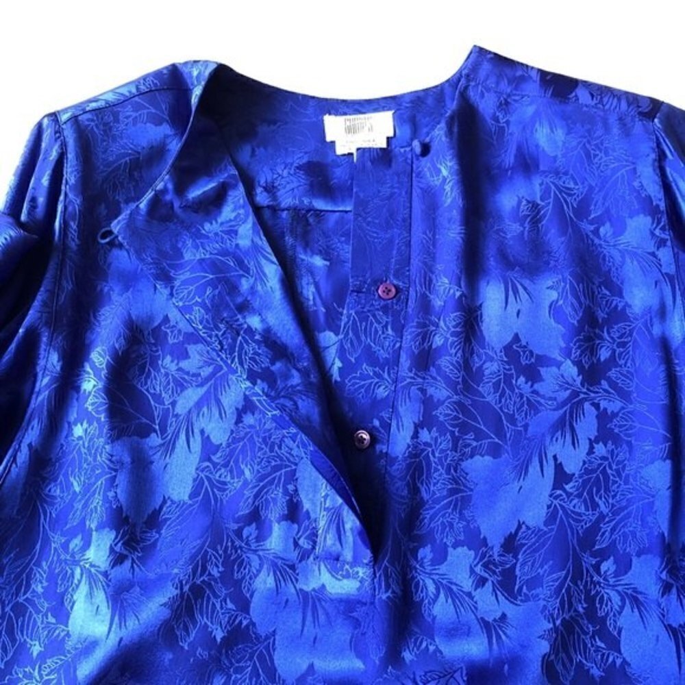 Gumps Silk Dress Vintage 80s Blue Floral Shirtdress - Picture 10 of 15